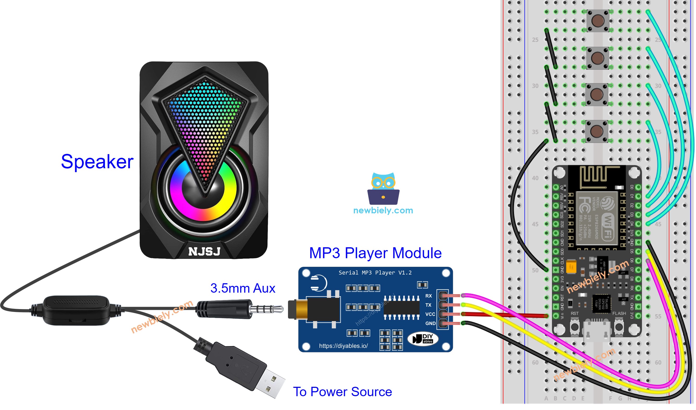 ESP8266 NodeMCU MP3 player speaker Wiring Diagram