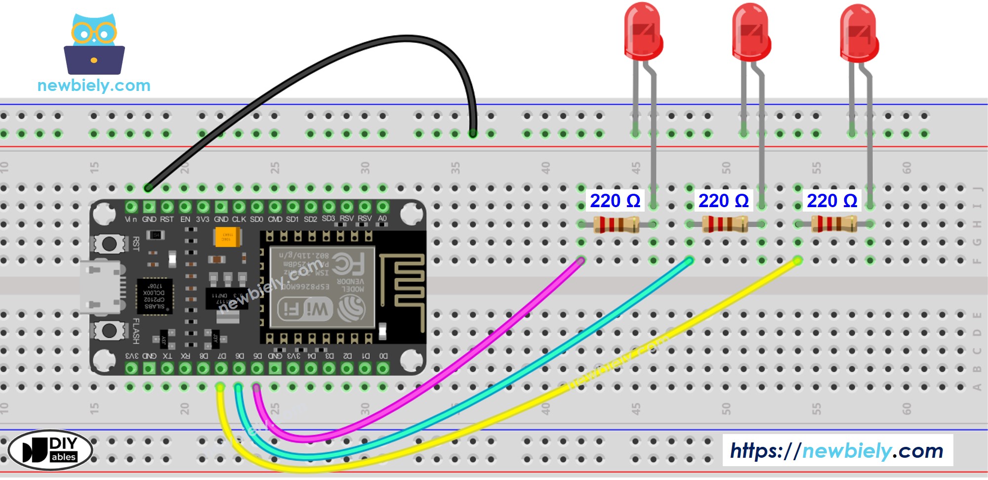 ESP8266 NodeMCU multiple LED Wiring Diagram