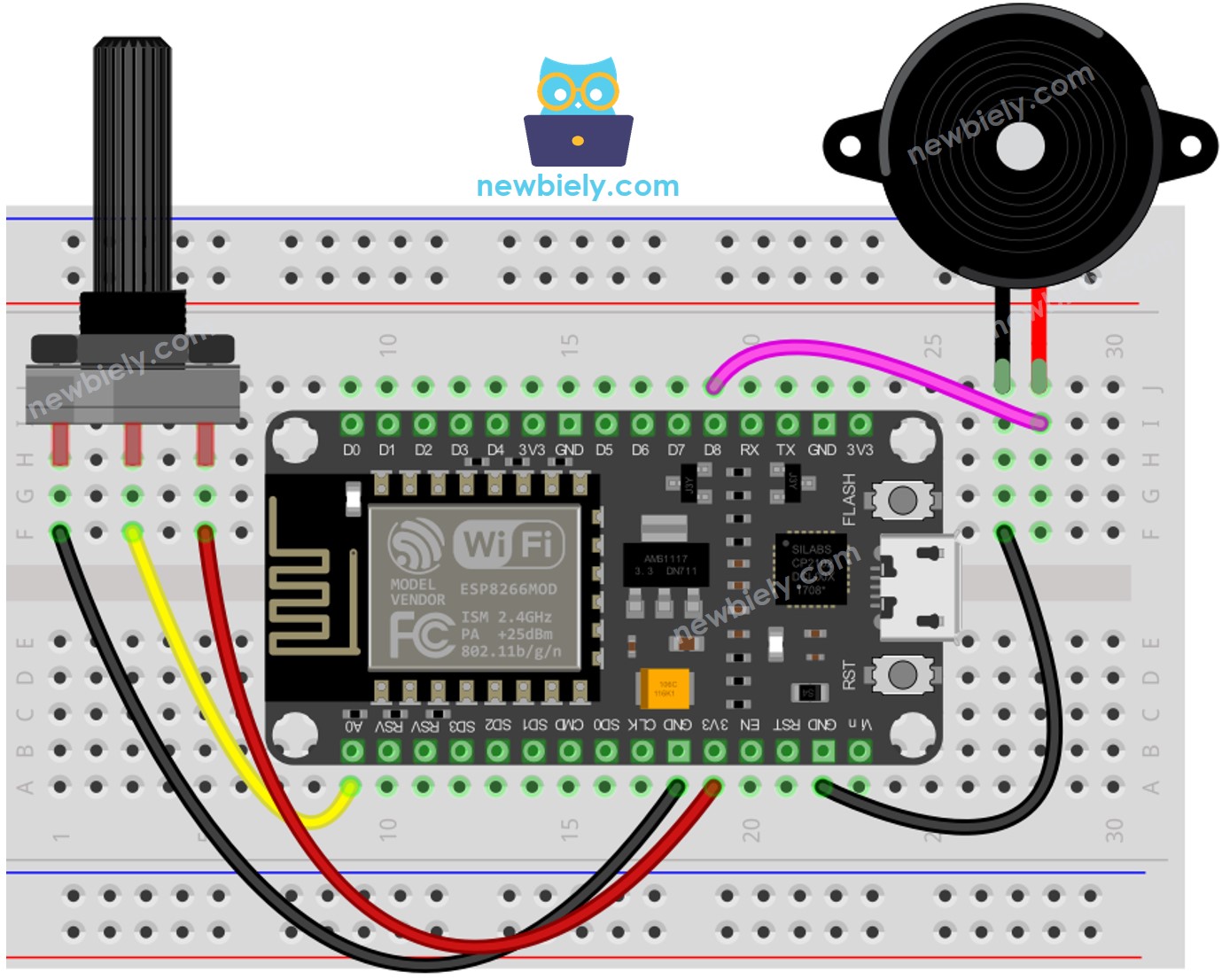 ESP8266 NodeMCU Potentiometer Piezo Buzzer wiring diagram