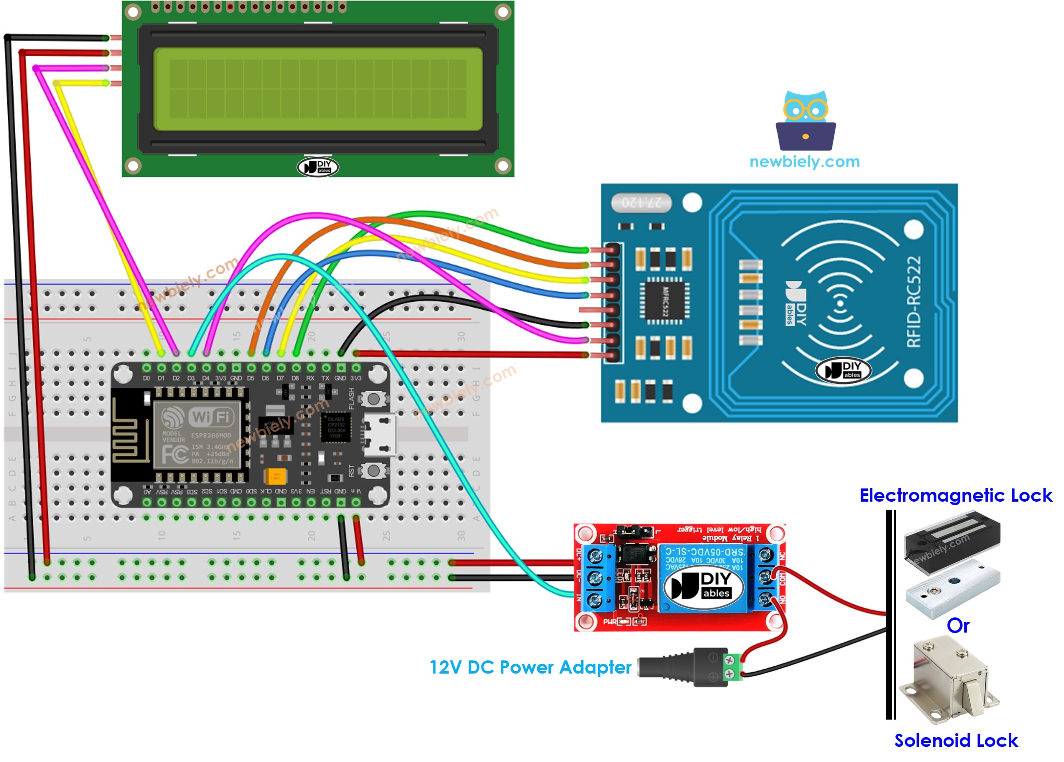 ESP8266 NodeMCU RFID RC522 door lock LCD wiring diagram