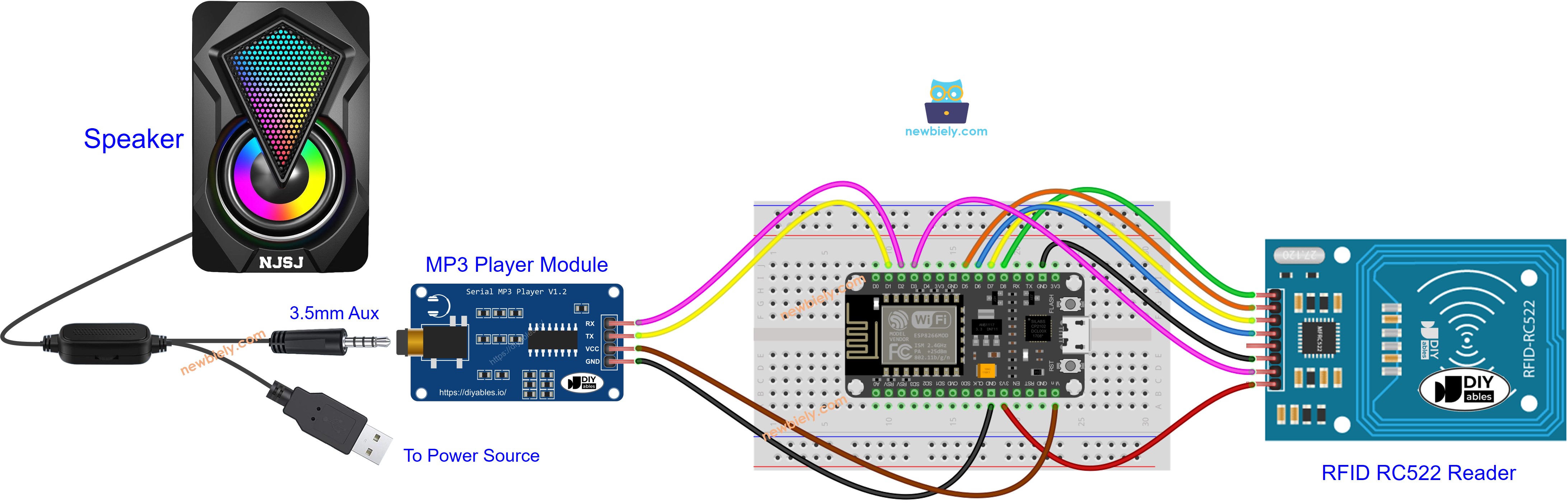 ESP8266 NodeMCU RFID RC522 MP3 player wiring diagram