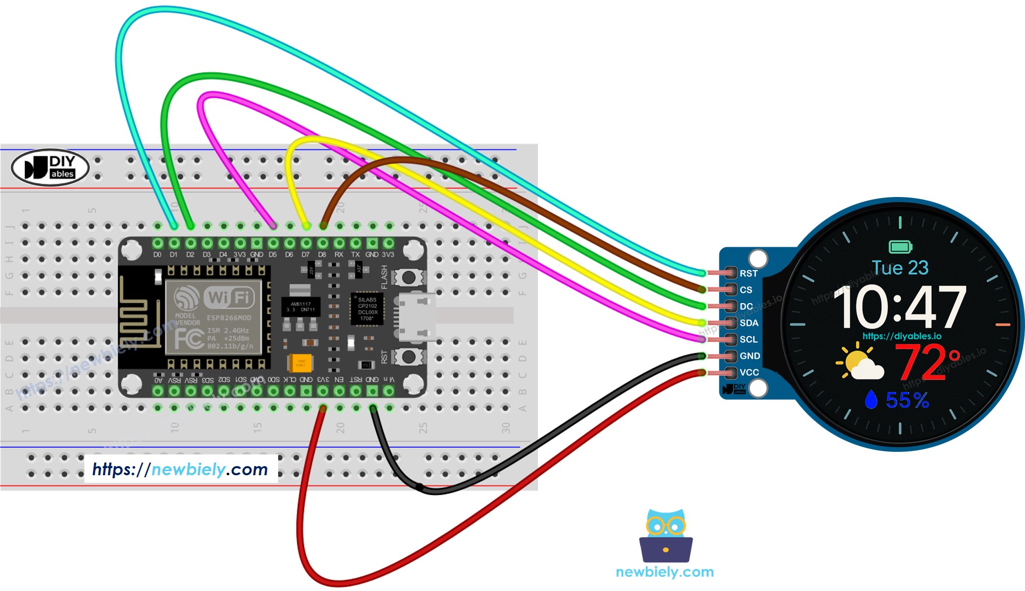 ESP8266 NodeMCU 1.28 인치 둥근 원형 tft lcd 디스플레이 스크린 배선도