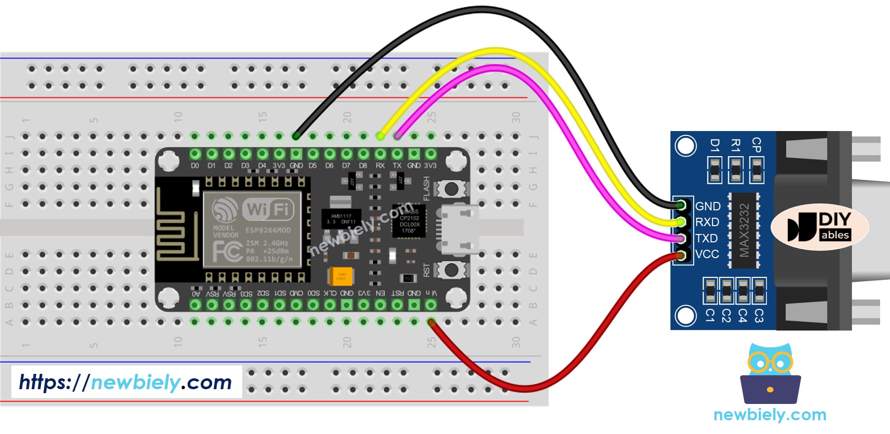 ESP8266 NodeMCU TTL to RS232 Wiring Diagram