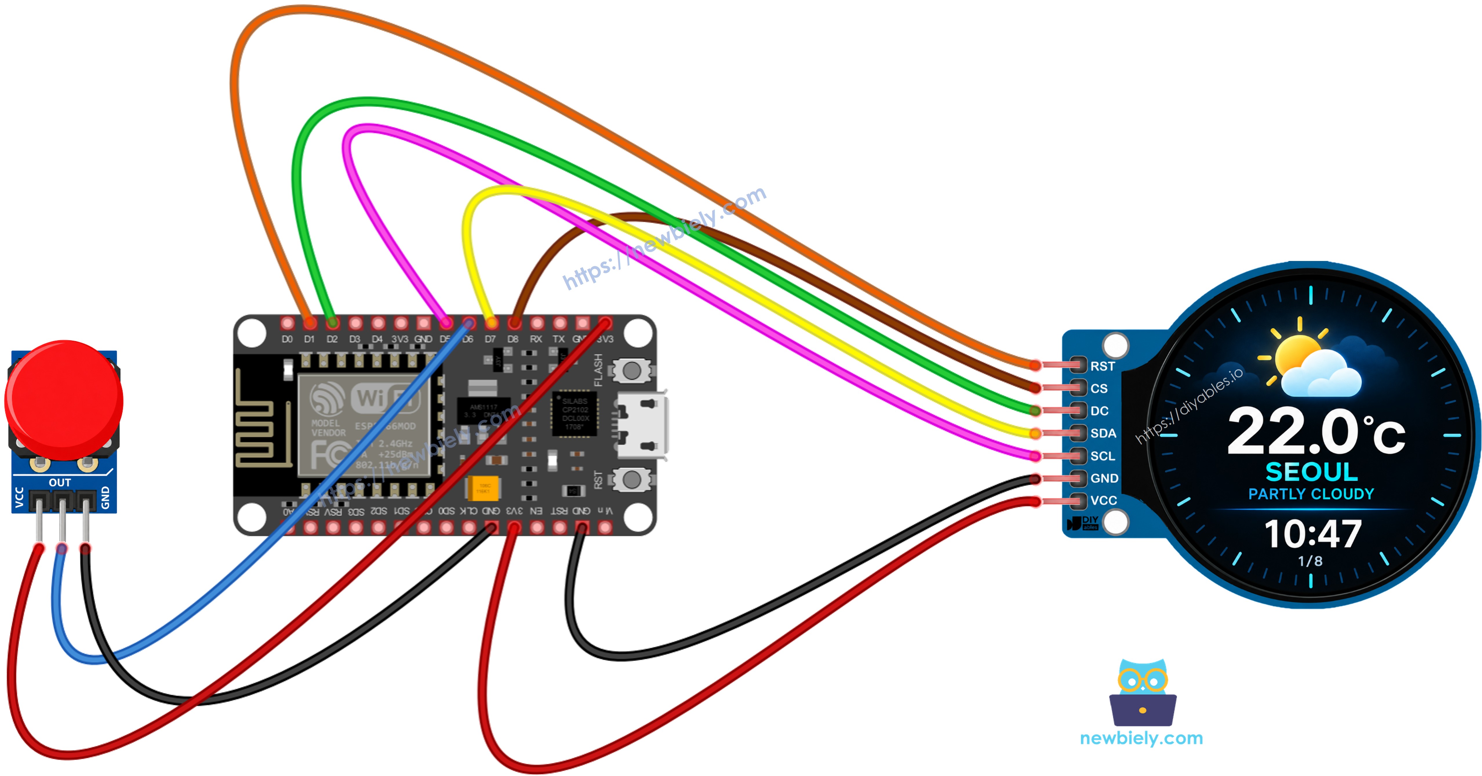 버튼 모듈을 사용한 ESP8266 NodeMCU 스마트 기상 관측소 배선도