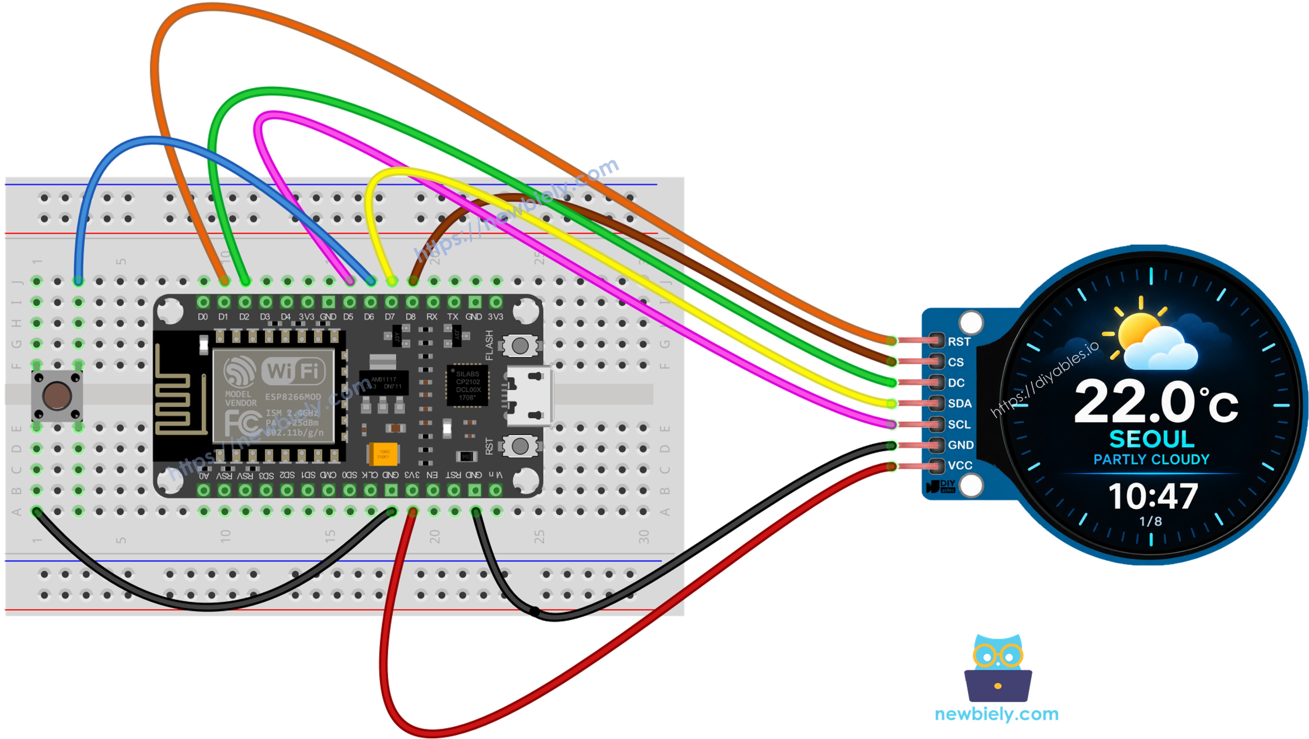 푸시 버튼을 사용한 ESP8266 NodeMCU 스마트 기상 관측소 배선도