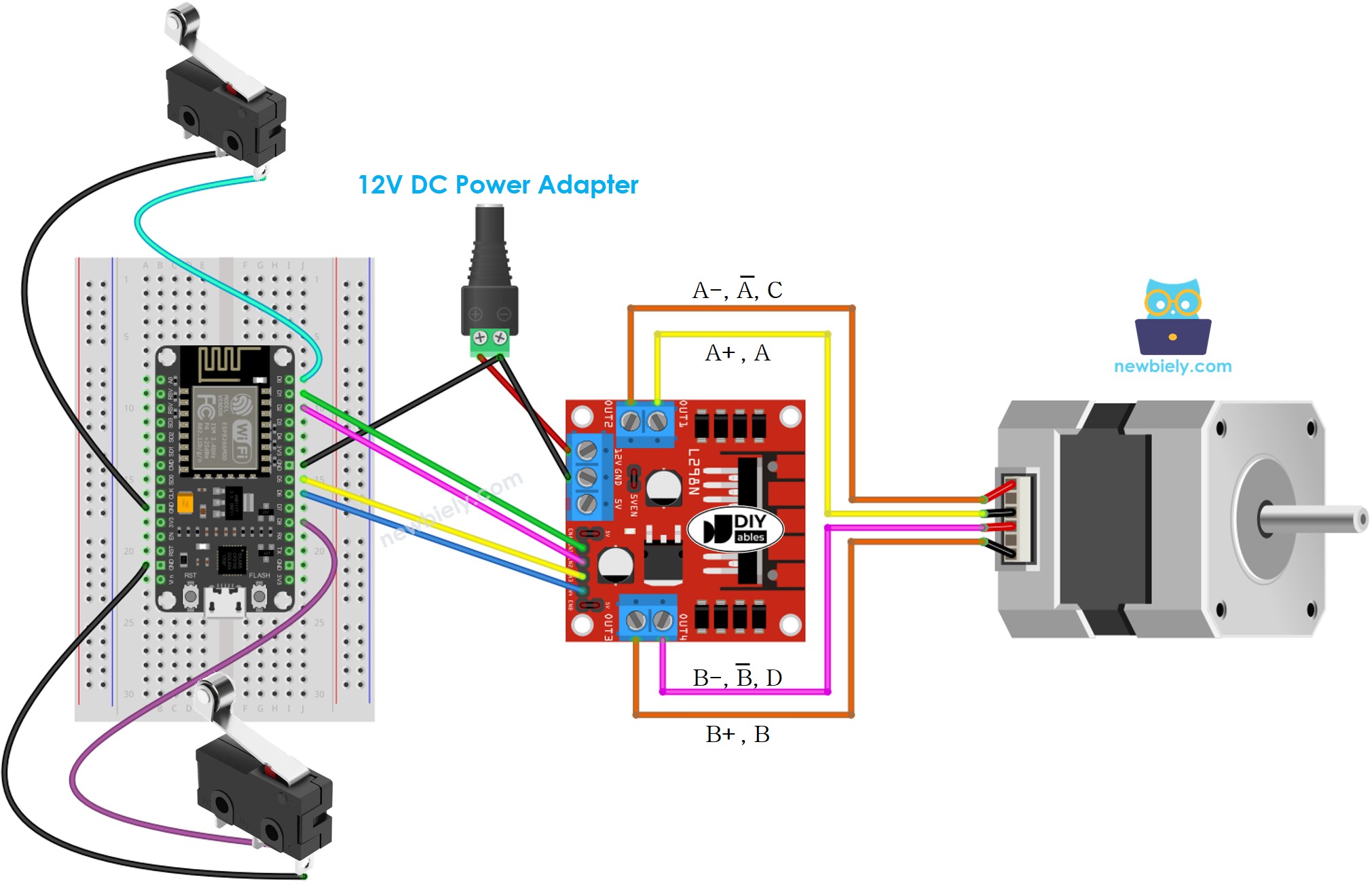 ESP8266 NodeMCU stepper motor and two limit switches wiring diagram