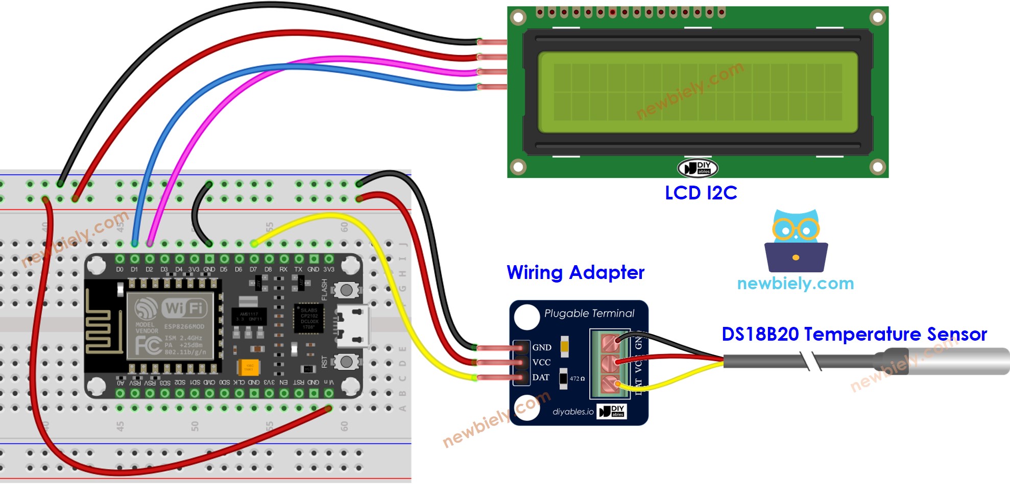 ESP8266 NodeMCU Temperature Sensor LCD wiring diagram