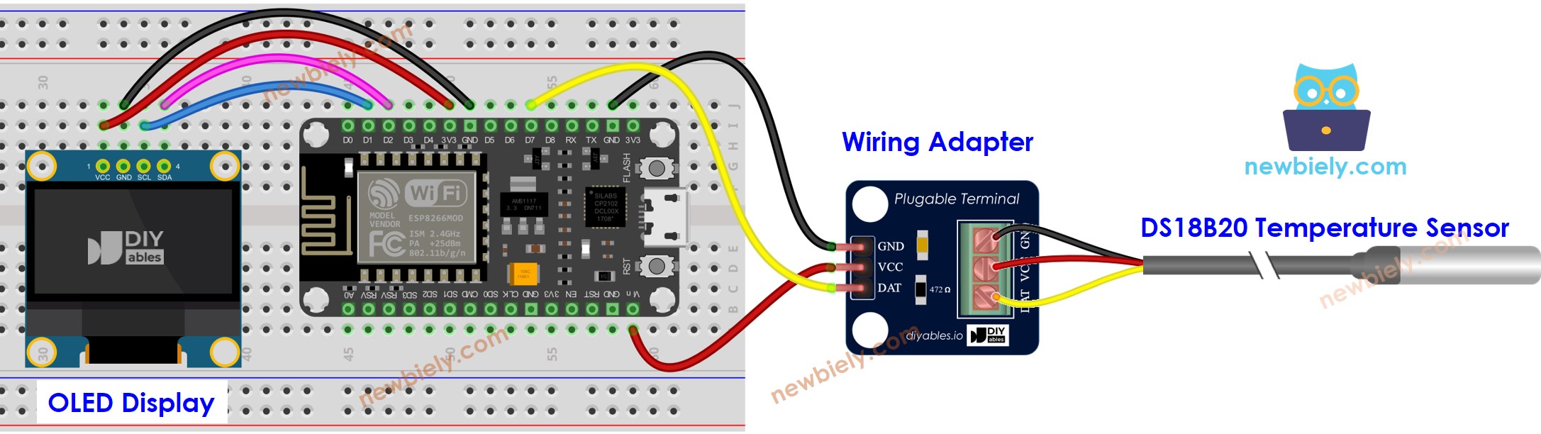 ESP8266 NodeMCU DS18B20 Temperature Sensor OLED wiring diagram