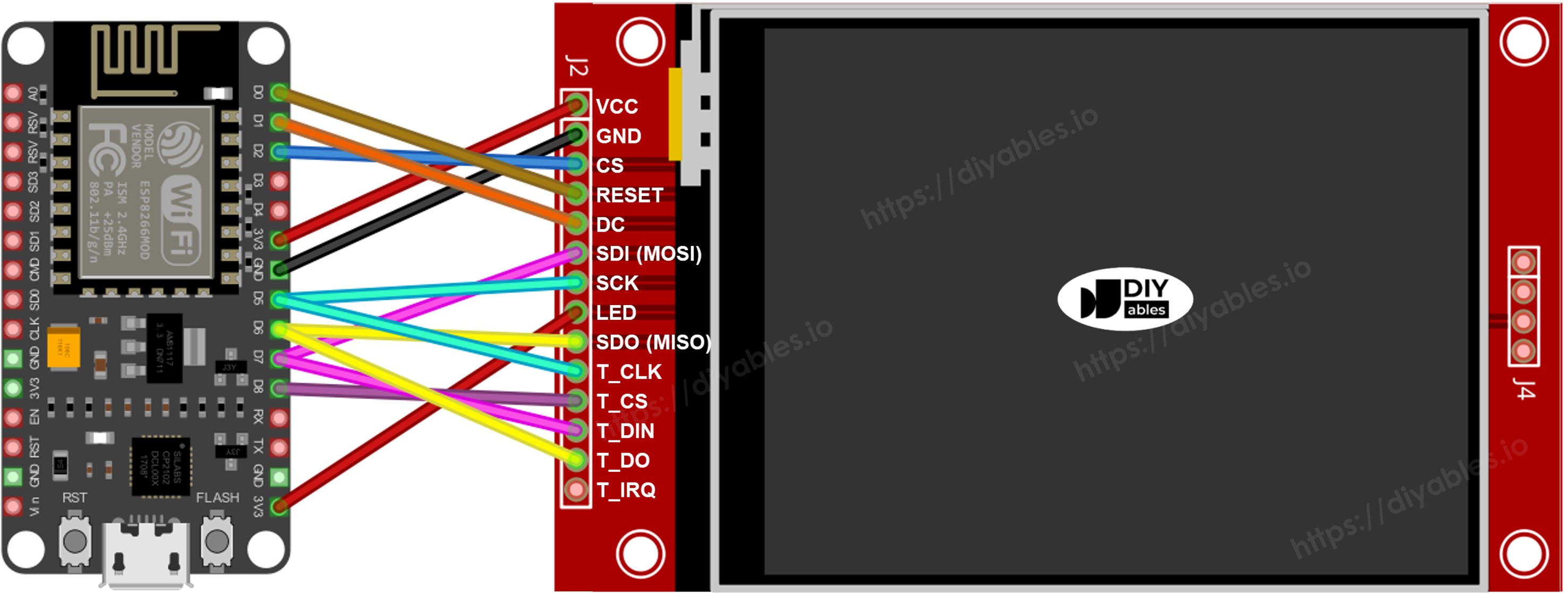 ESP8266 NodeMCU tft spi 터치 디스플레이 배선도