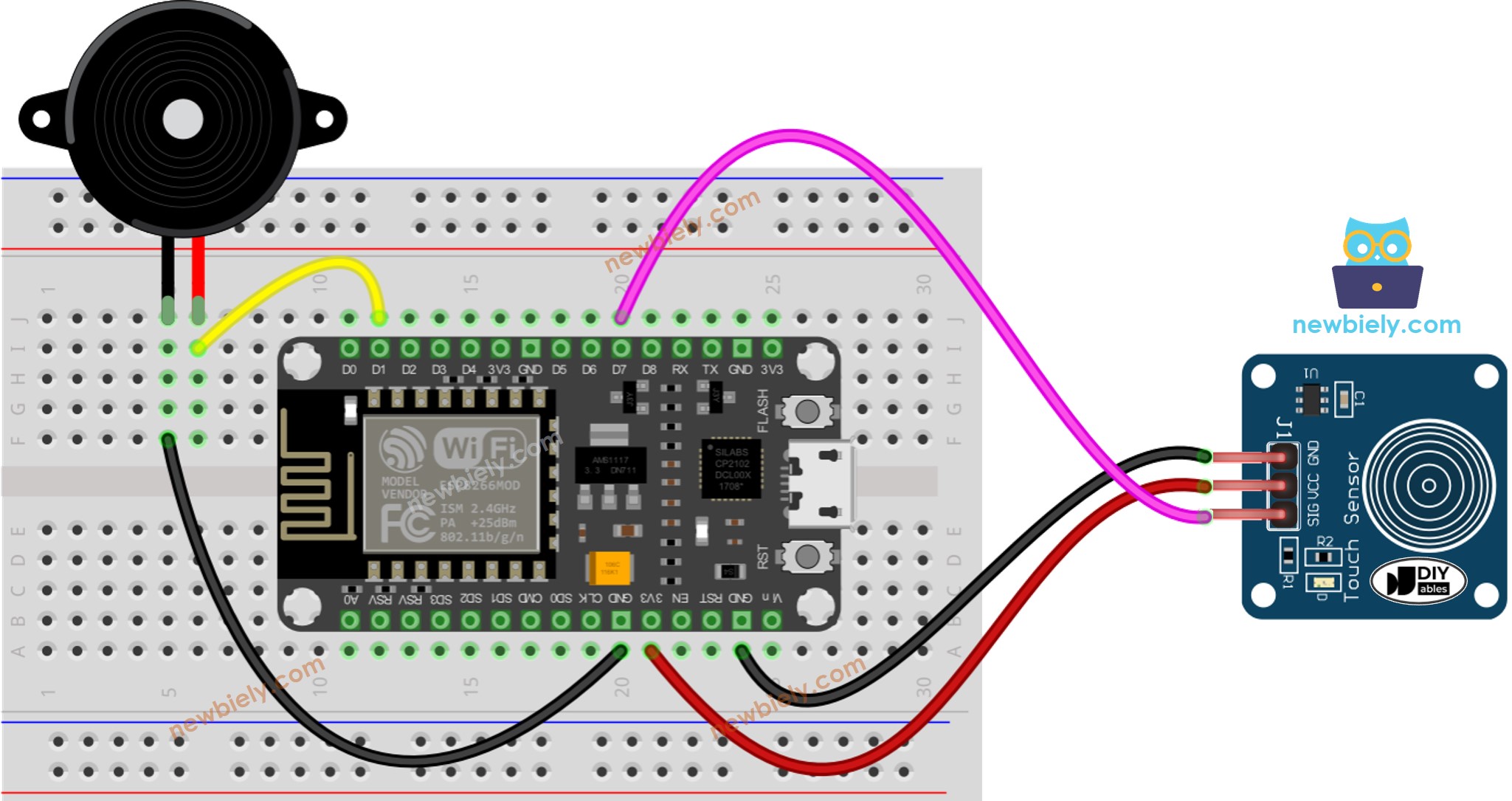 ESP8266 NodeMCU Touch Sensor Piezo Buzzer wiring diagram