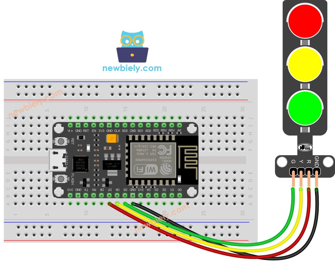 ESP8266 NodeMCU traffic light Wiring Diagram