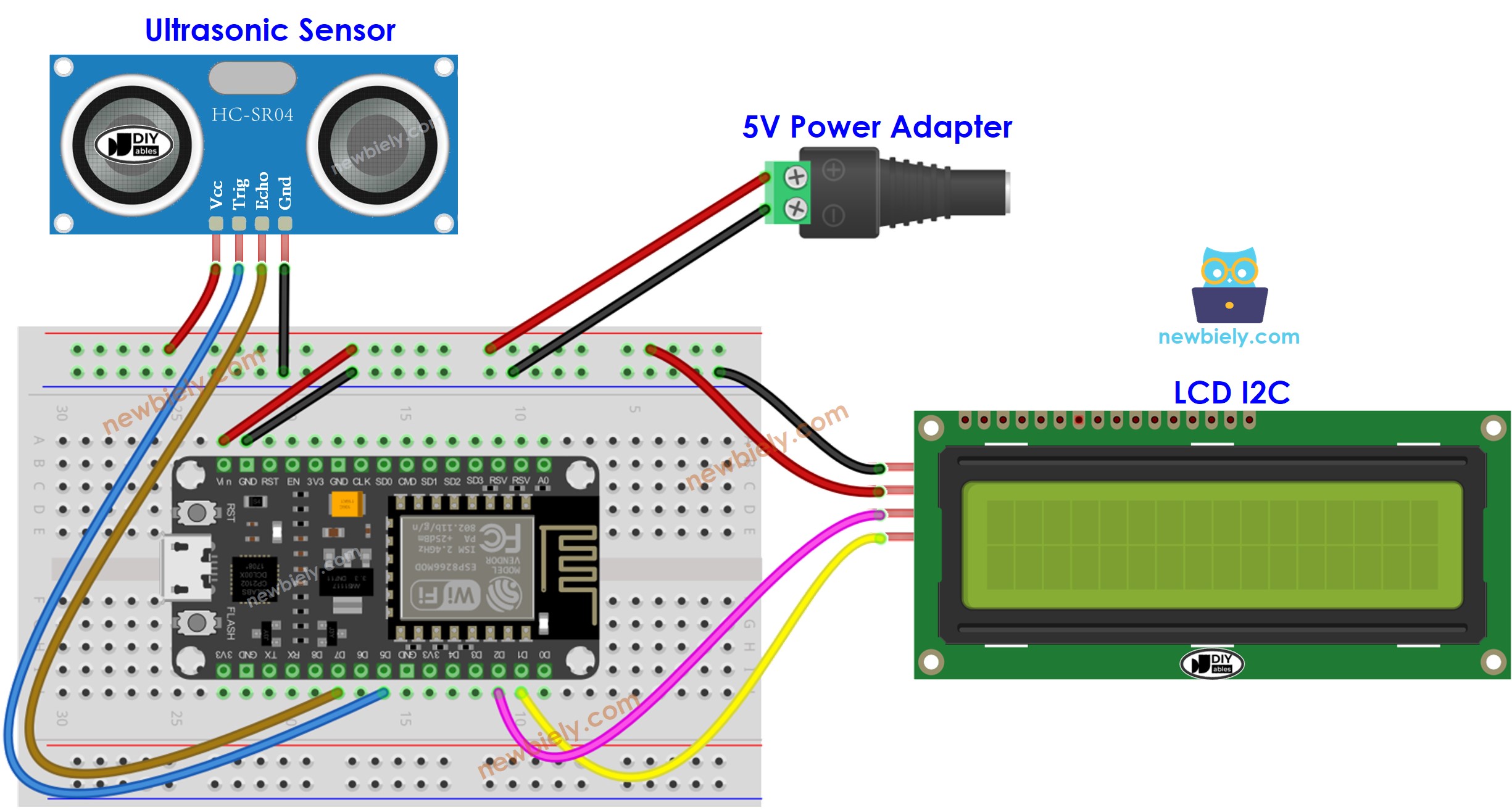 ESP8266 NodeMCU Ultrasonic Sensor LCD Vin pin wiring diagram