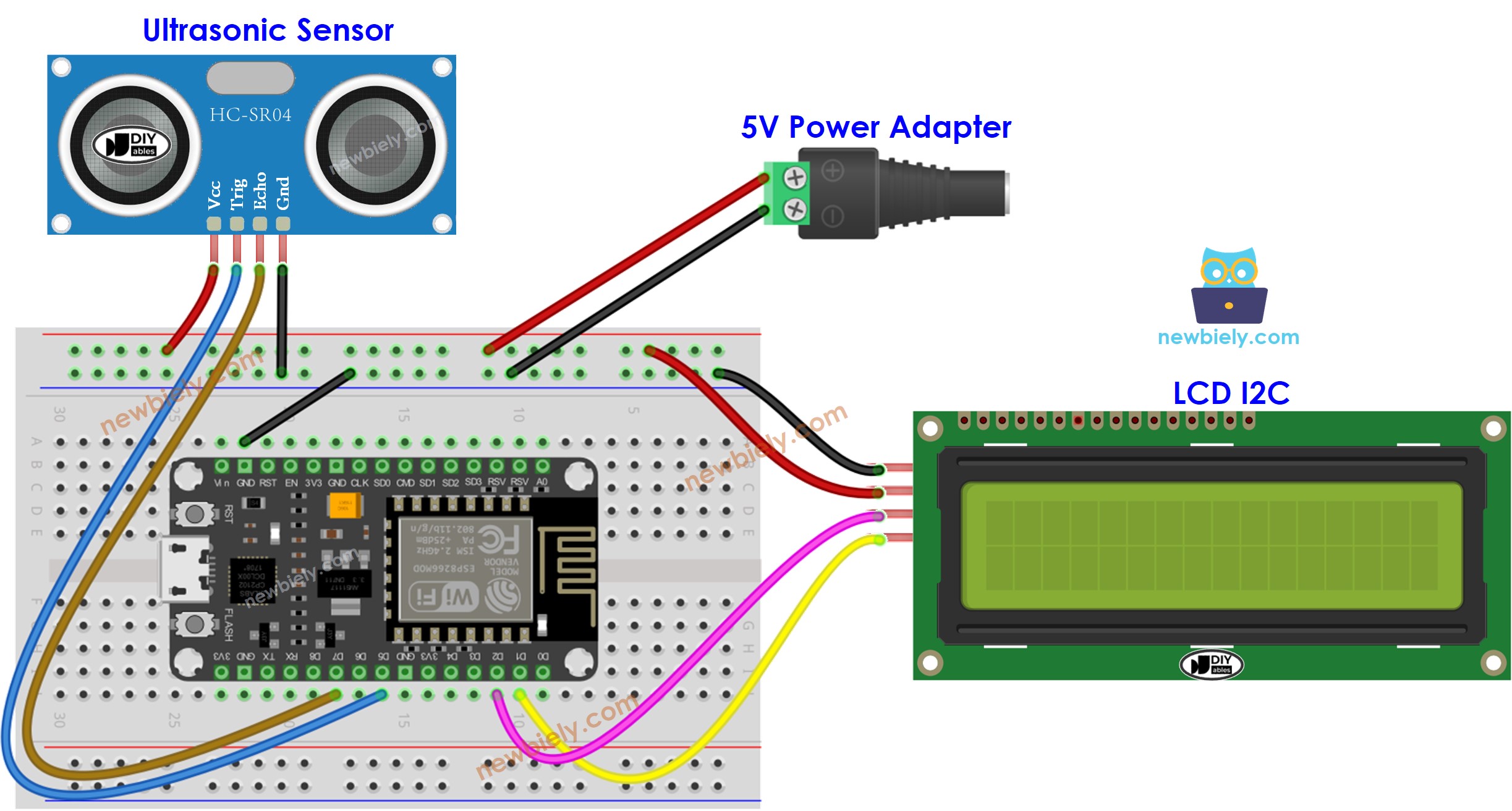 ESP8266 NodeMCU Ultrasonic Sensor LCD extra power wiring diagram