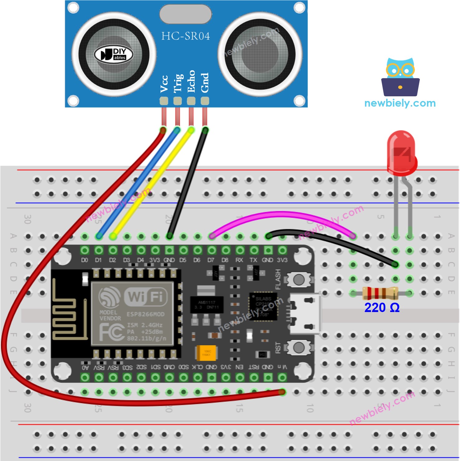 ESP8266 NodeMCU Ultrasonic Sensor LED wiring diagram