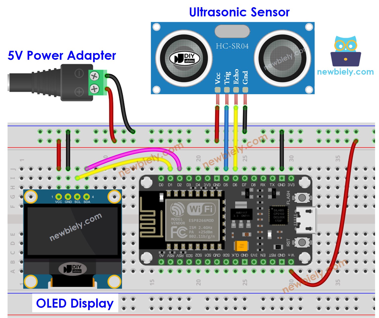 ESP8266 NodeMCU Ultrasonic Sensor OLED Vin pin wiring diagram