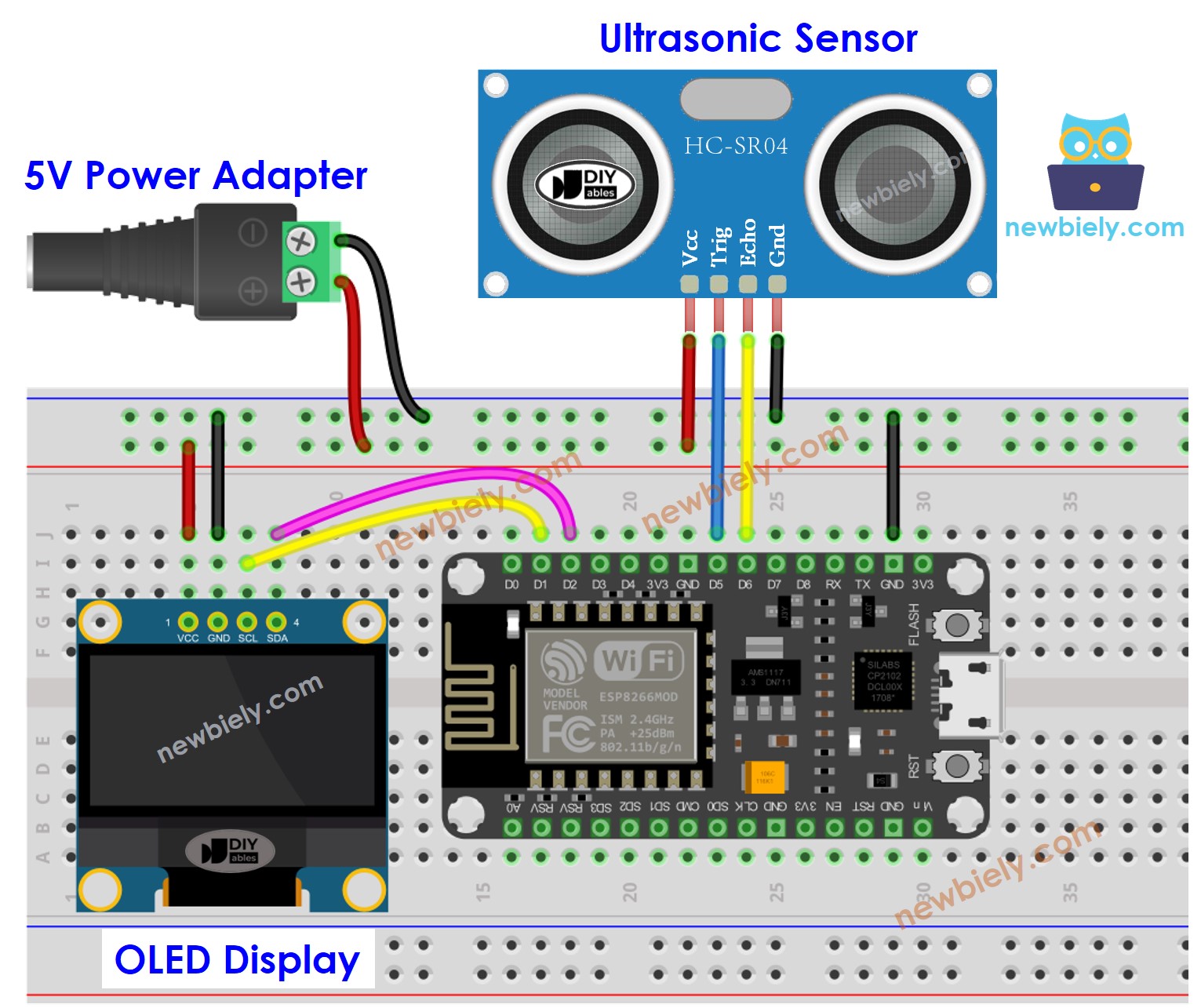 ESP8266 NodeMCU Ultrasonic Sensor OLED external power wiring diagram