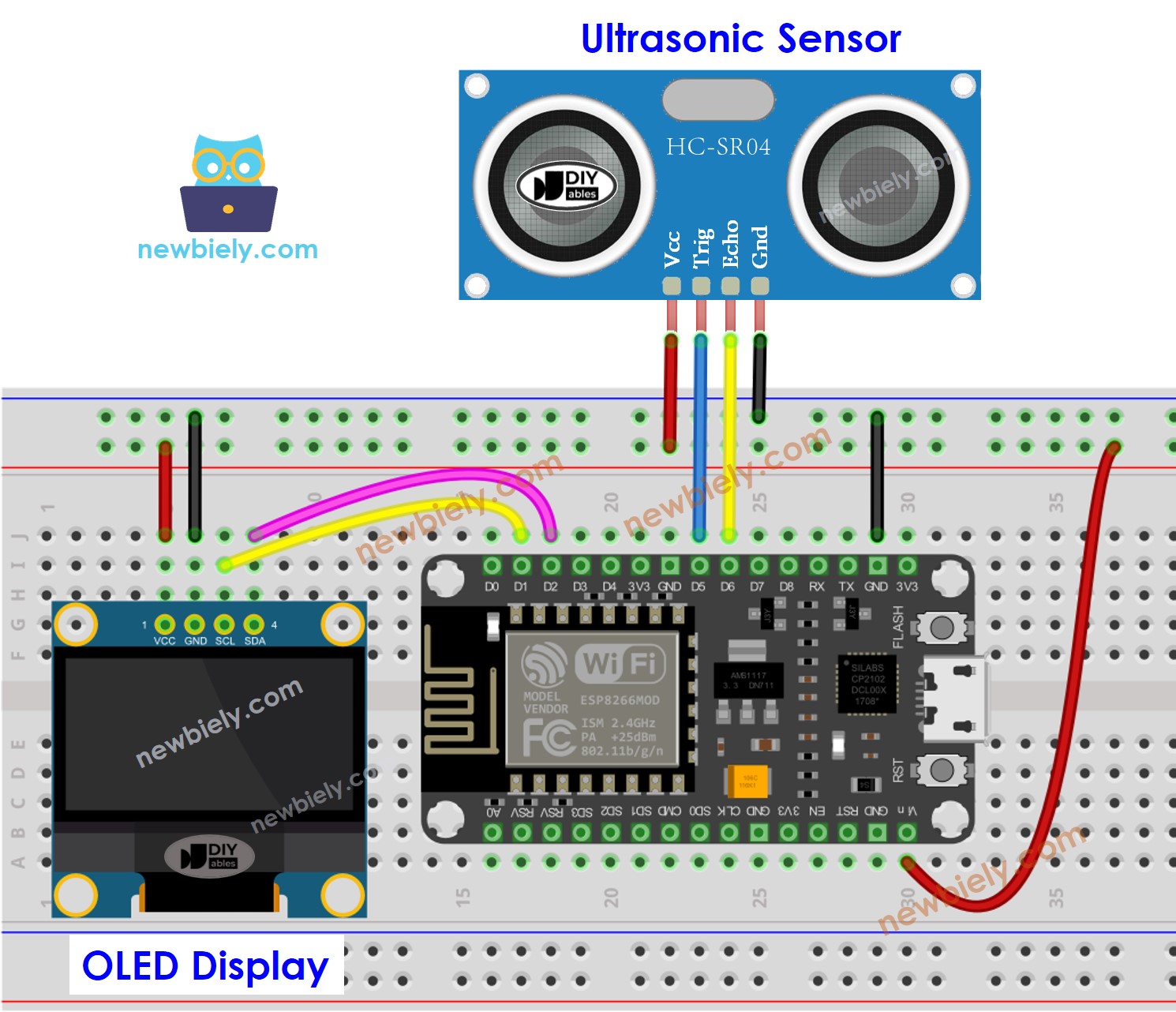 ESP8266 NodeMCU Ultrasonic Sensor OLED wiring diagram