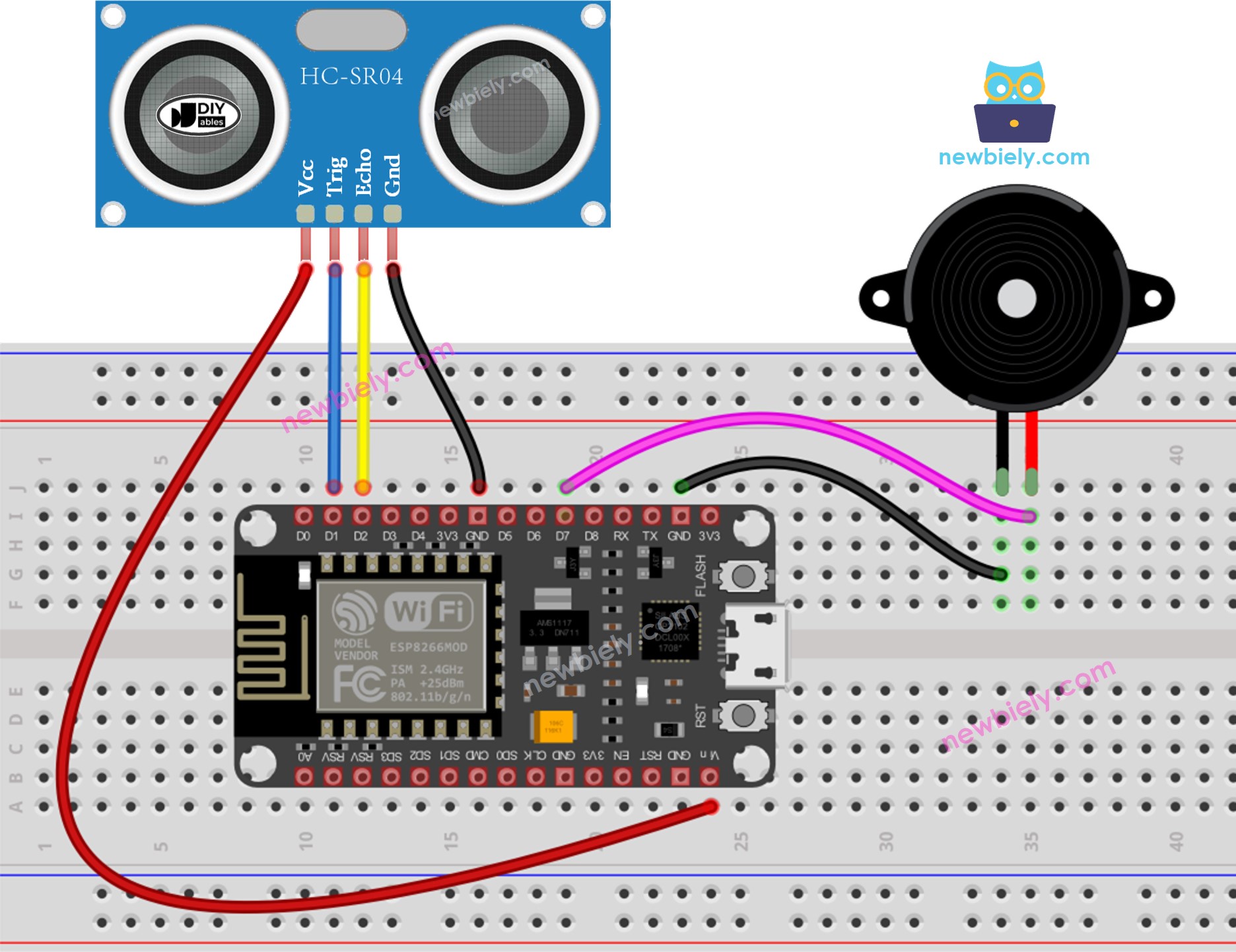 ESP8266 NodeMCU Ultrasonic Sensor Piezo Buzzer wiring diagram