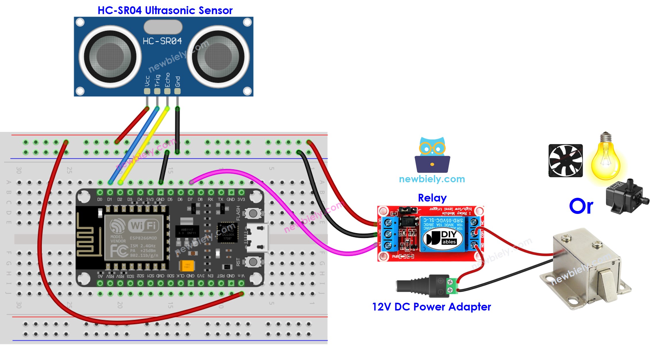 ESP8266 NodeMCU Ultrasonic Sensor Relay wiring diagram