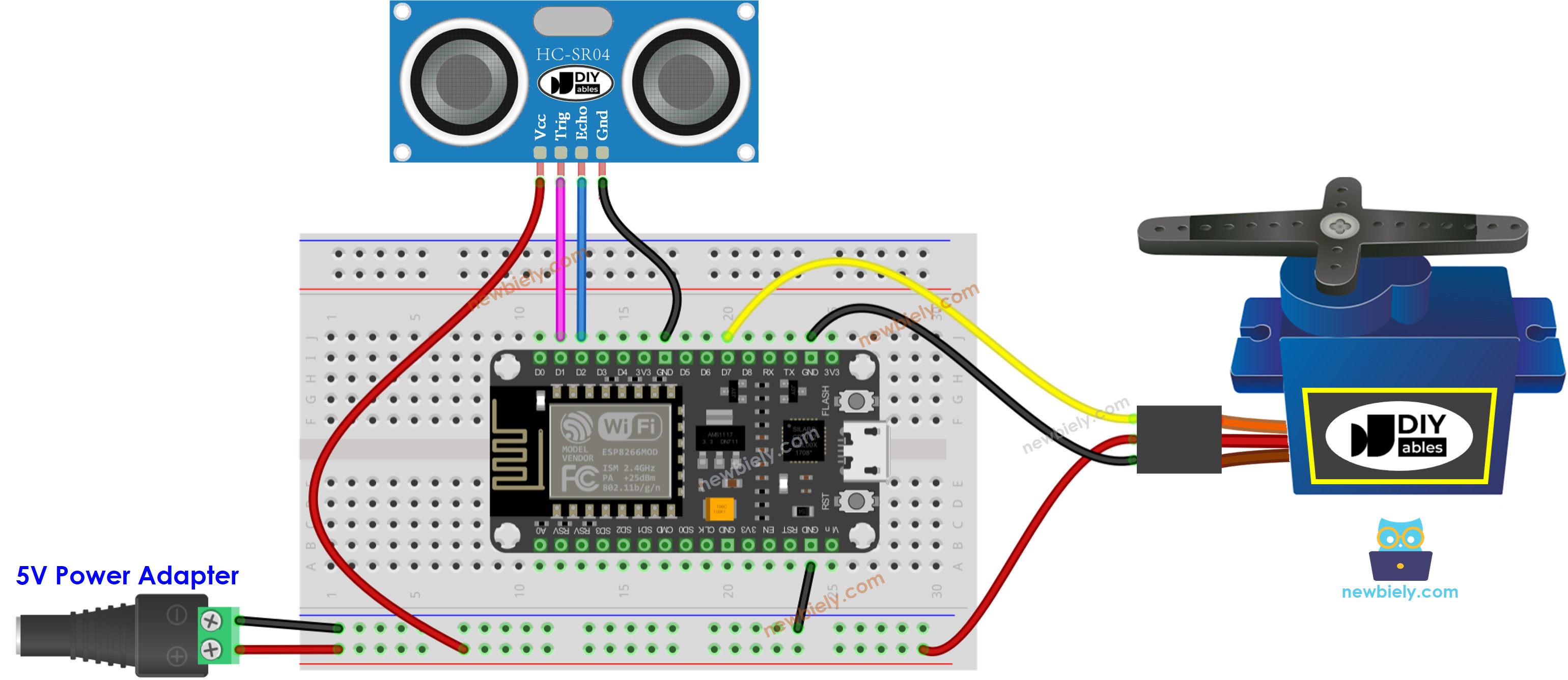 ESP8266 NodeMCU Ultrasonic Sensor Servo Motor Power wiring diagram