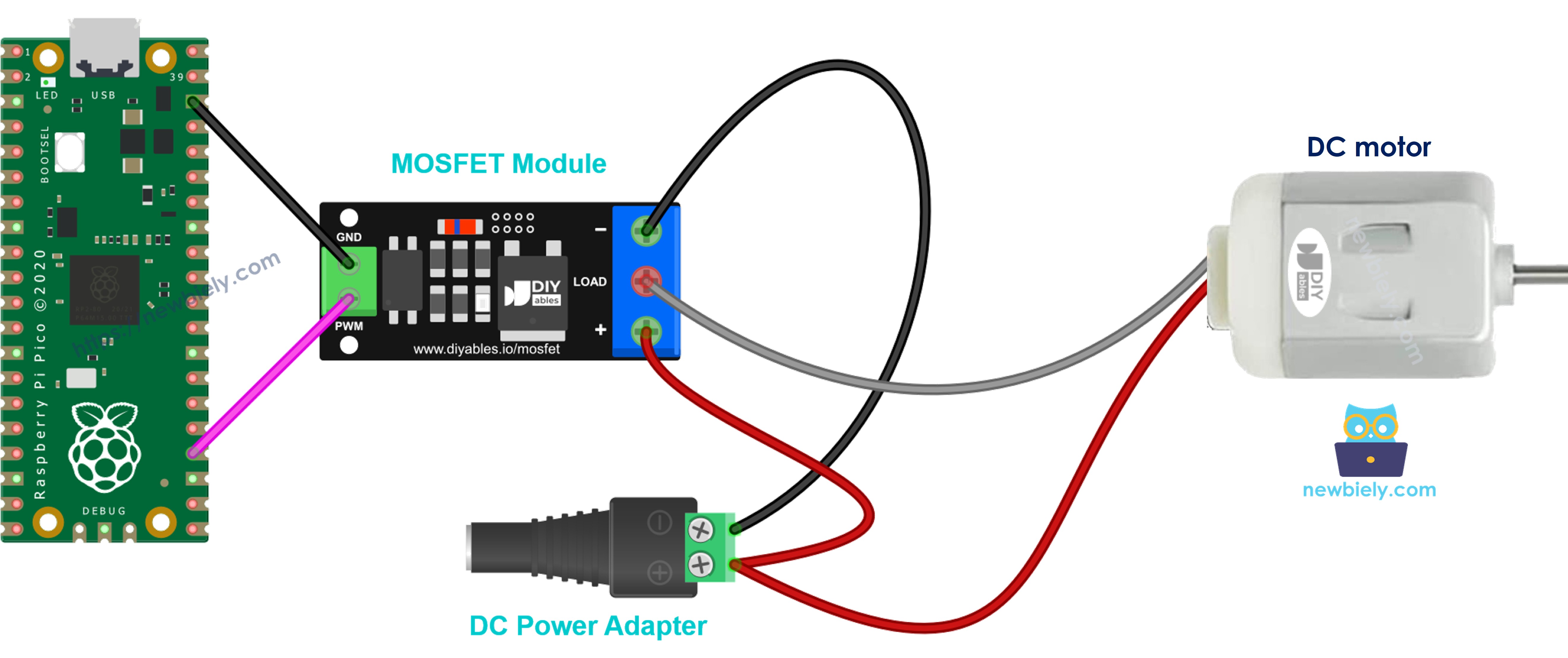 12v dc 모터를 연결한 mosfet 모듈 배선도