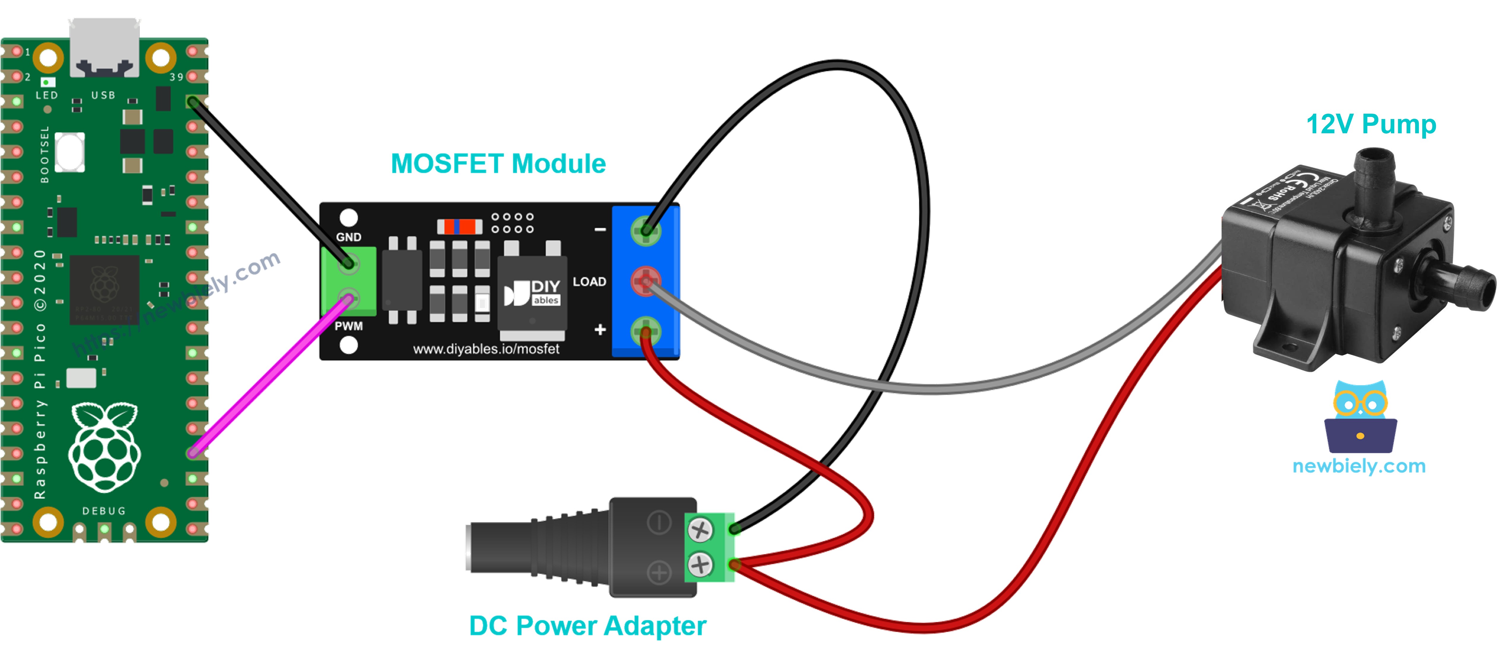 12v 워터 펌프와 mosfet 모듈 배선도